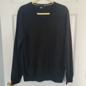 HUGO BOSS Men's Sweater Pullover V-Neck 100% Wool Black Size X LARGE Lightweight